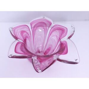 Murano Lavorazione Vintage Art Glass Pink Tulip Petal Vase / Candle Holder